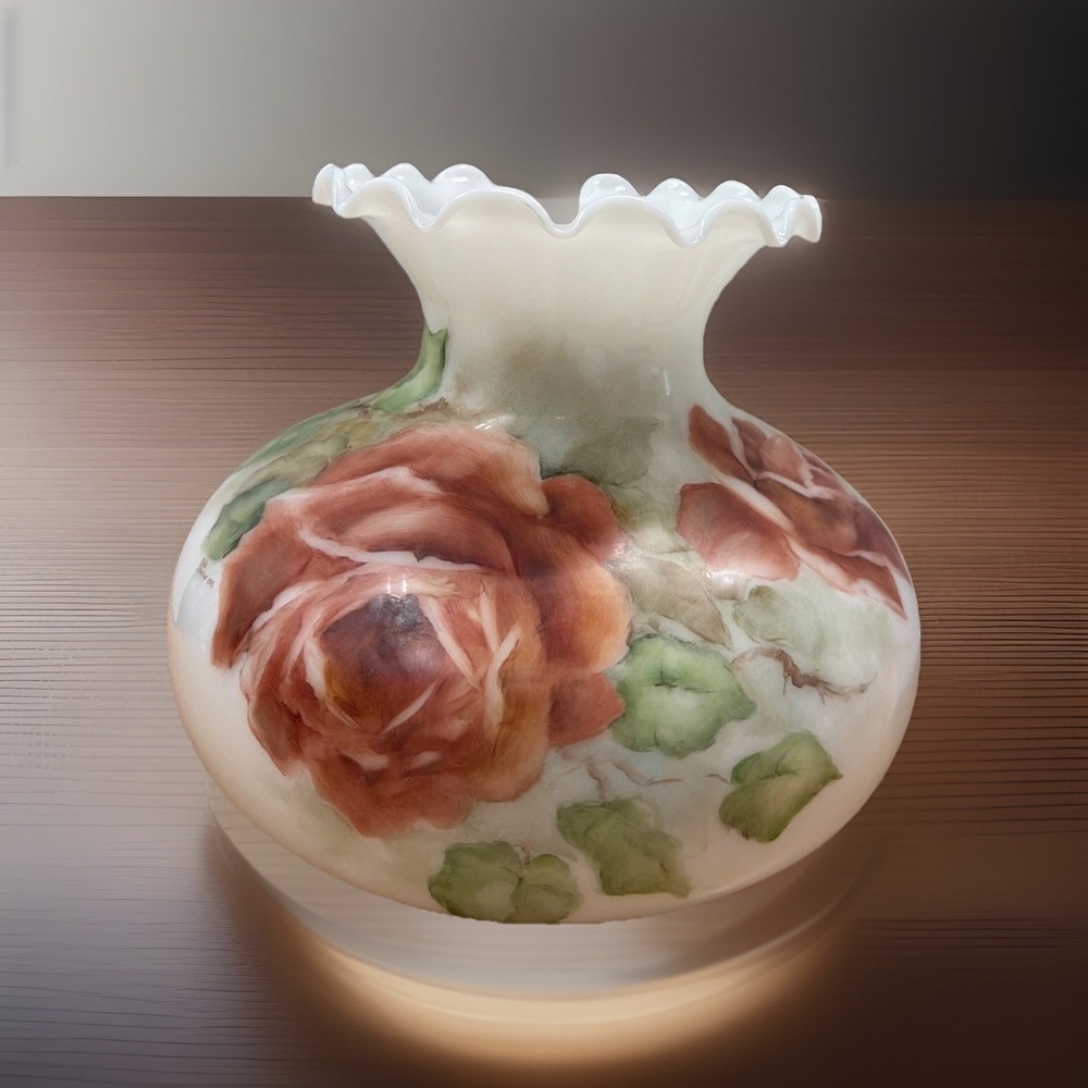 VTG Fluted Ruffled Top Hand Painted Floral Rose Glass Lamp Shade See Description